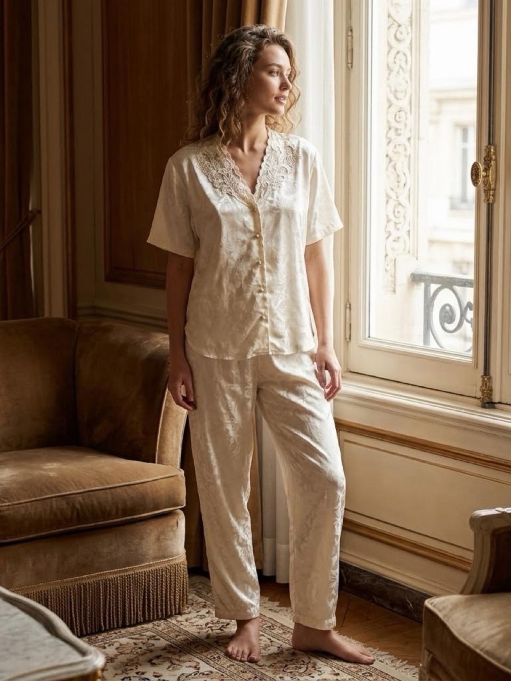 NWT Vintage Cream Lace-Trim Satin Pajama Set